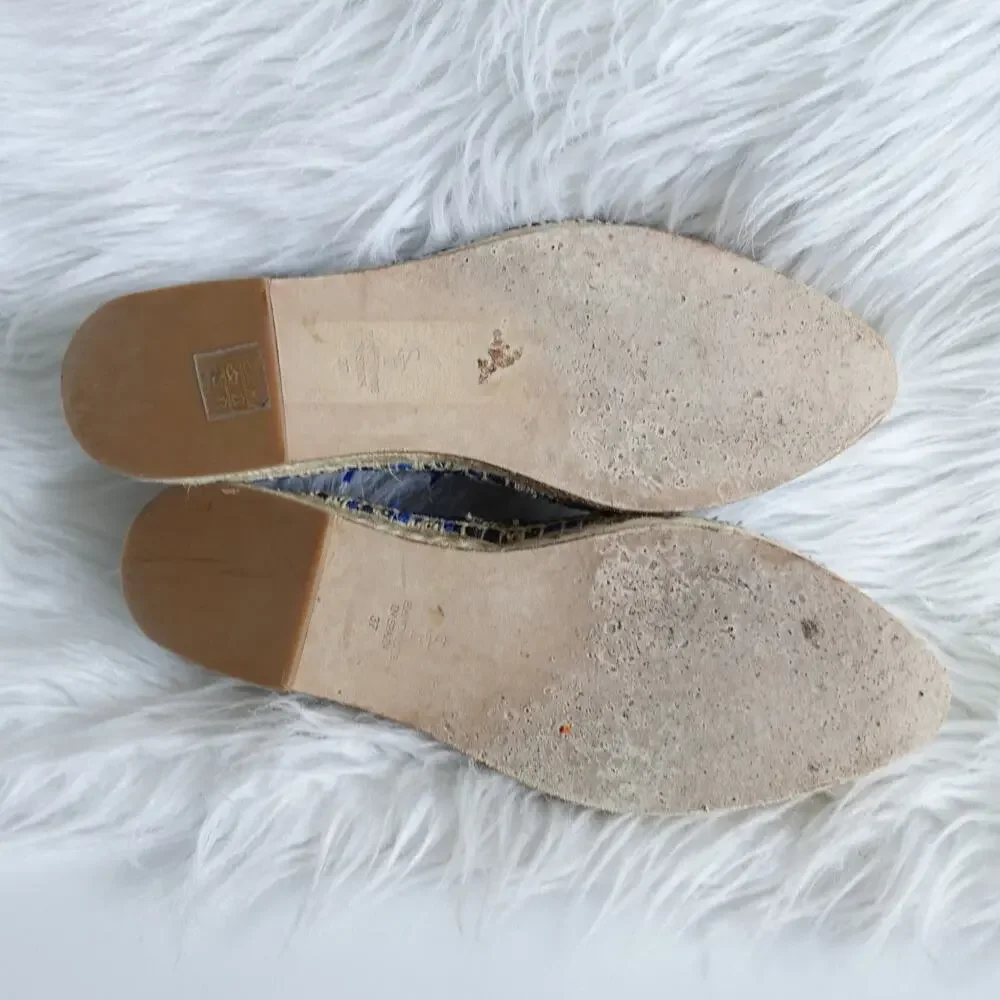 Sarah Flint Andrea Espadrille Loafers Flats Navy Raffia Linen Summer Vacation